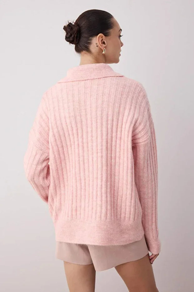 Soft-Textured Polo Neck Knit Sweater