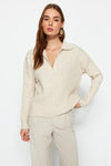 Soft-Textured Polo Neck Knit Sweater