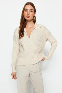 Soft-Textured Polo Neck Knit Sweater