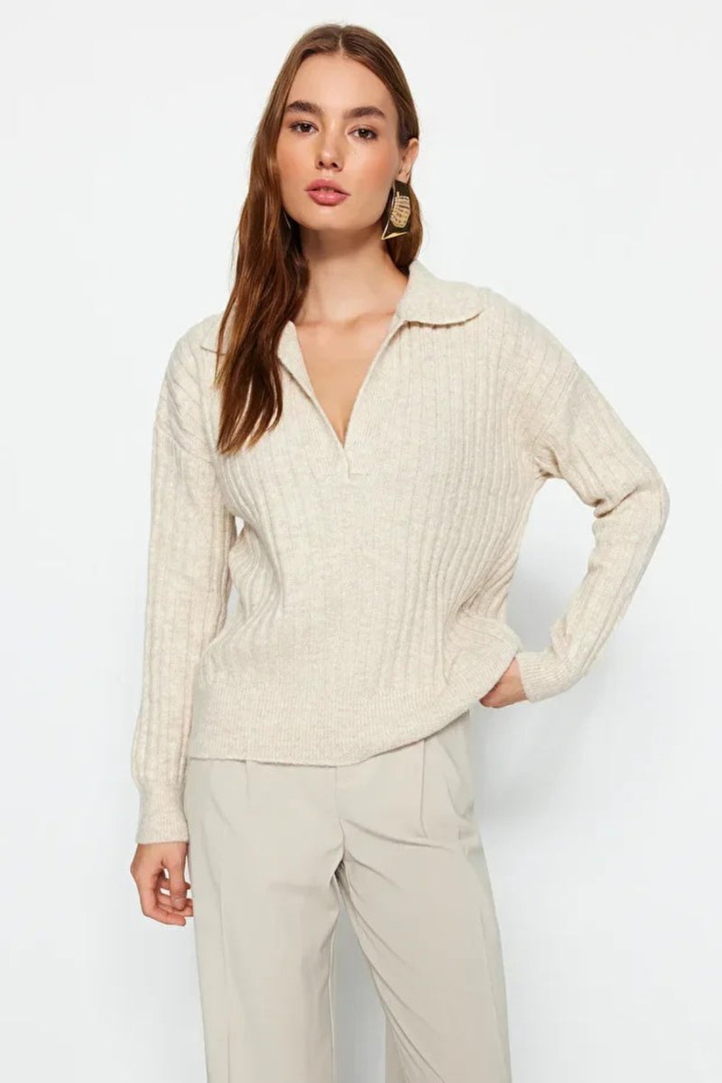 Soft-Textured Polo Neck Knit Sweater