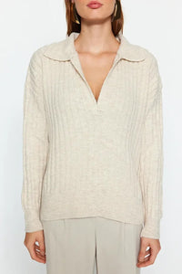 Soft-Textured Polo Neck Knit Sweater