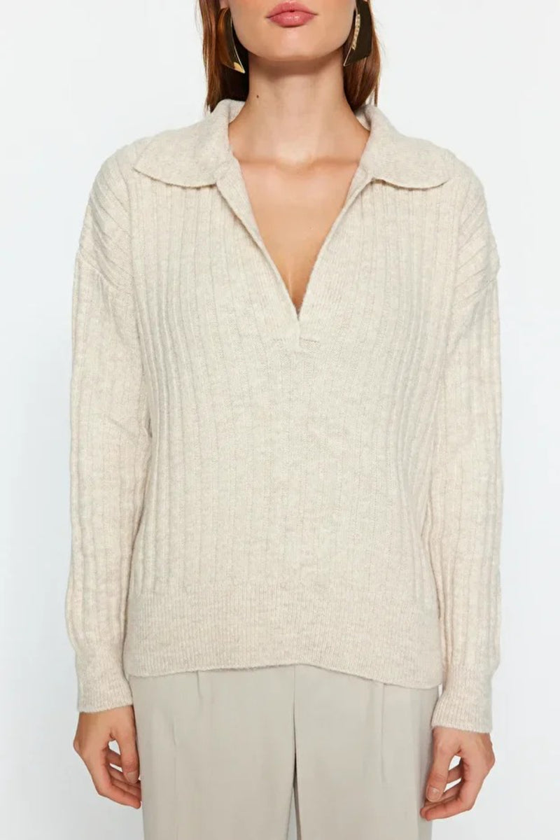 Soft-Textured Polo Neck Knit Sweater
