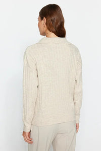 Soft-Textured Polo Neck Knit Sweater