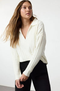 Soft-Textured Polo Neck Knit Sweater