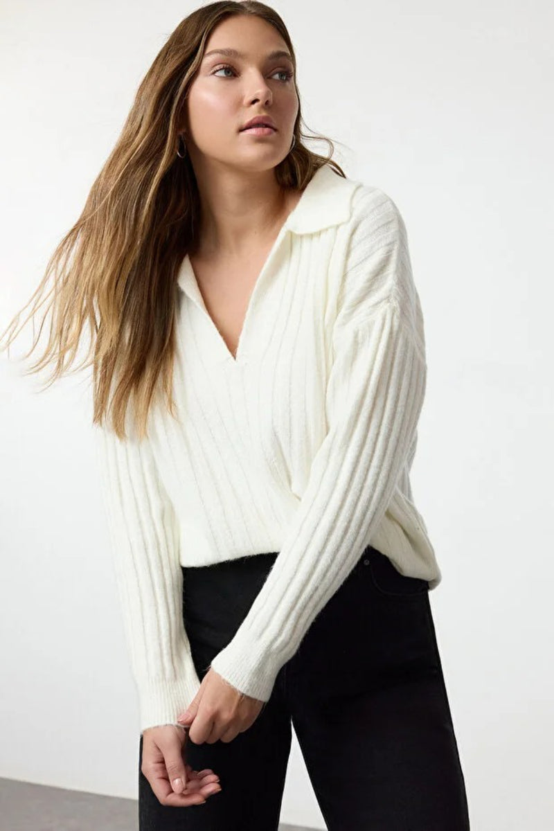 Soft-Textured Polo Neck Knit Sweater
