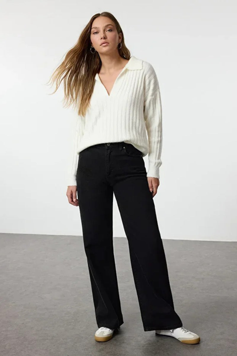 Soft-Textured Polo Neck Knit Sweater