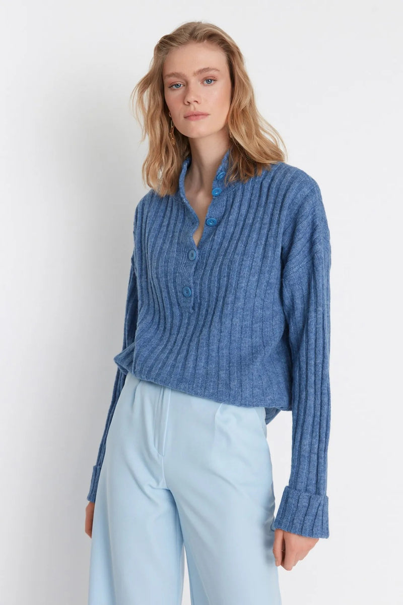 Oversized Soft-Textured High Neck Knit Top