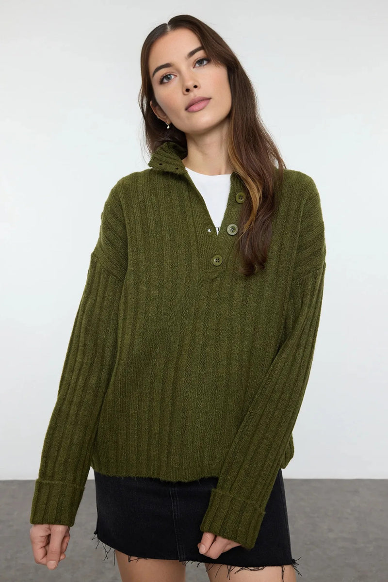 Oversized Soft-Textured High Neck Knit Top