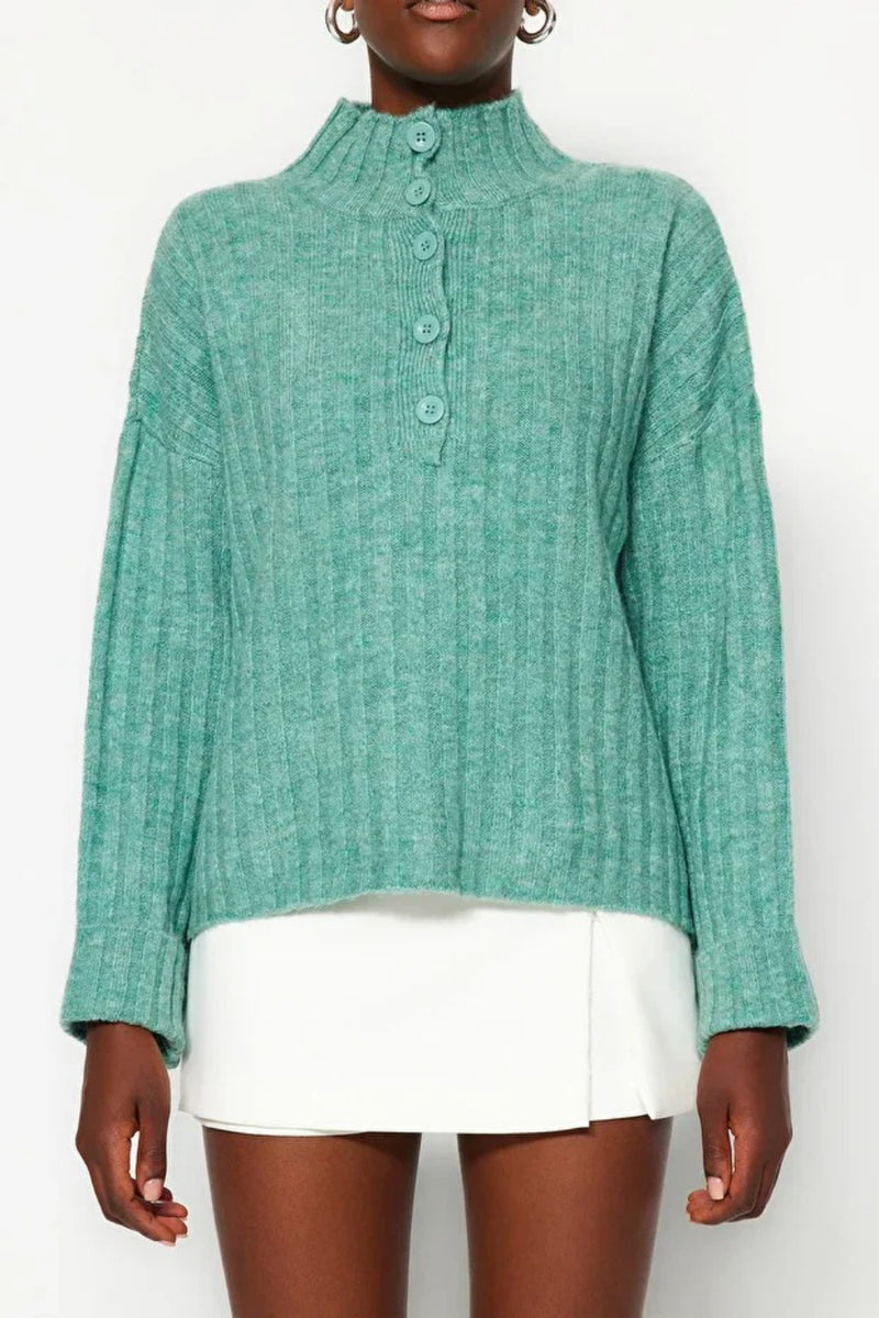 Oversized Soft-Textured High Neck Knit Top