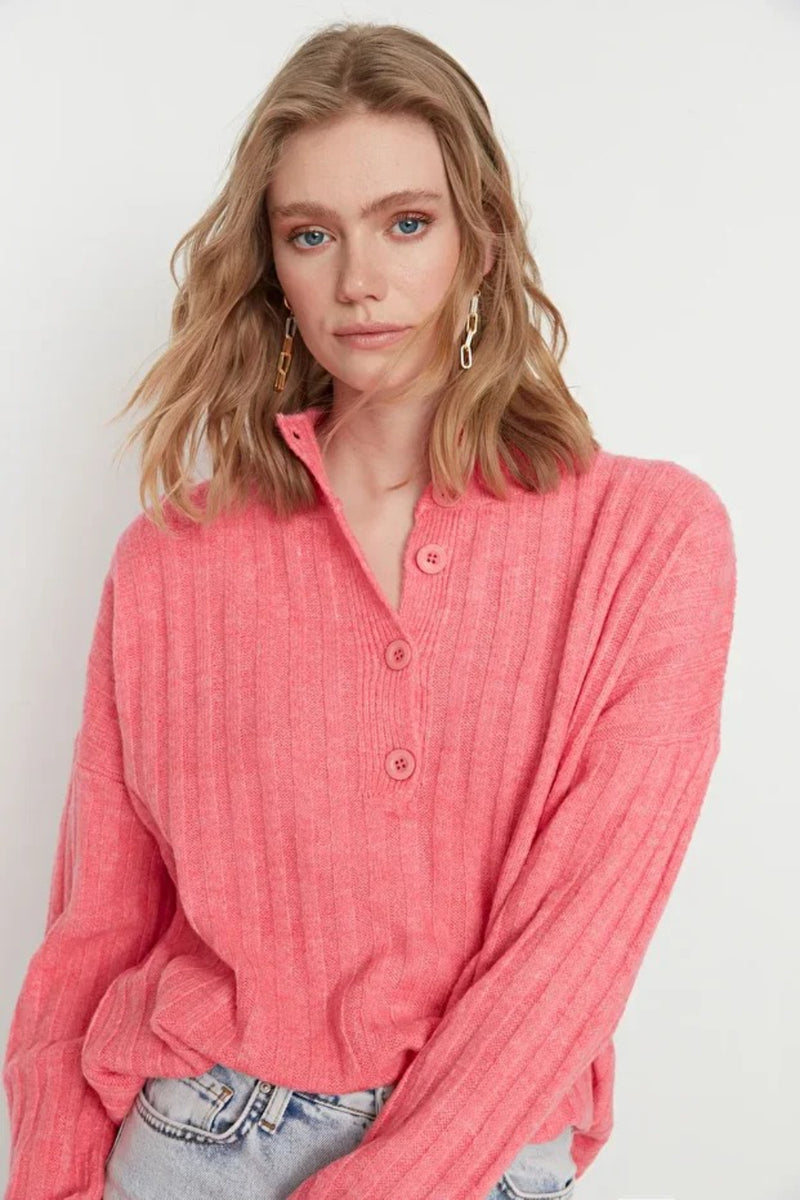 Oversized Soft-Textured High Neck Knit Top
