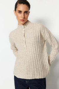 Oversized Soft-Textured High Neck Knit Top