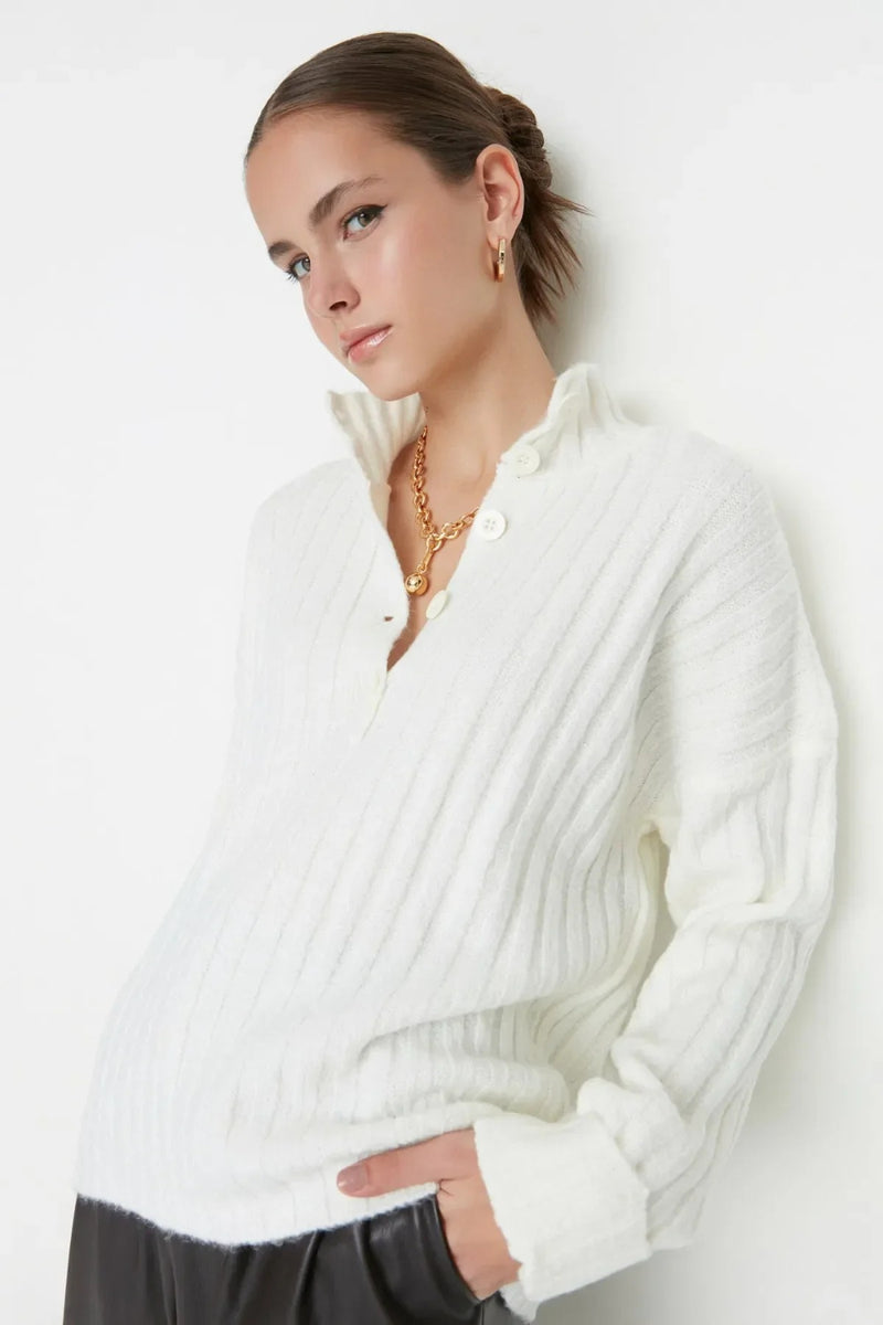 Oversized Soft-Textured High Neck Knit Top