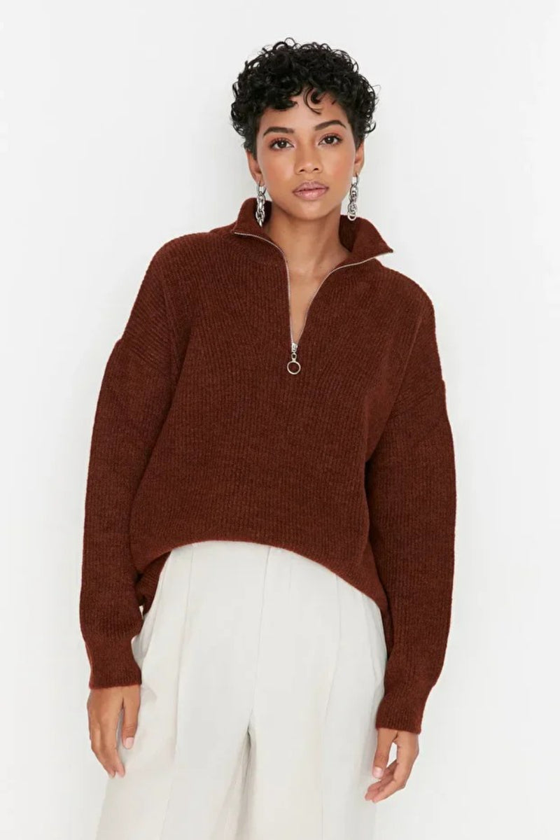 Soft-Textured Zip-Up Knit Sweater