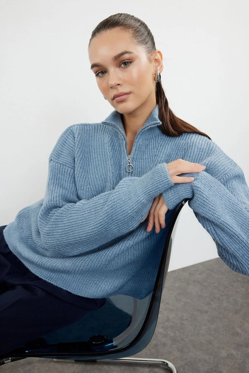 Soft-Textured Zip-Up Knit Sweater