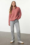 Soft-Textured Zip-Up Knit Sweater