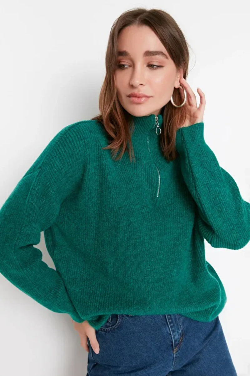 Soft-Textured Zip-Up Knit Sweater