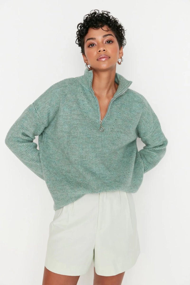 Soft-Textured Zip-Up Knit Sweater