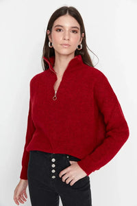 Soft-Textured Zip-Up Knit Sweater