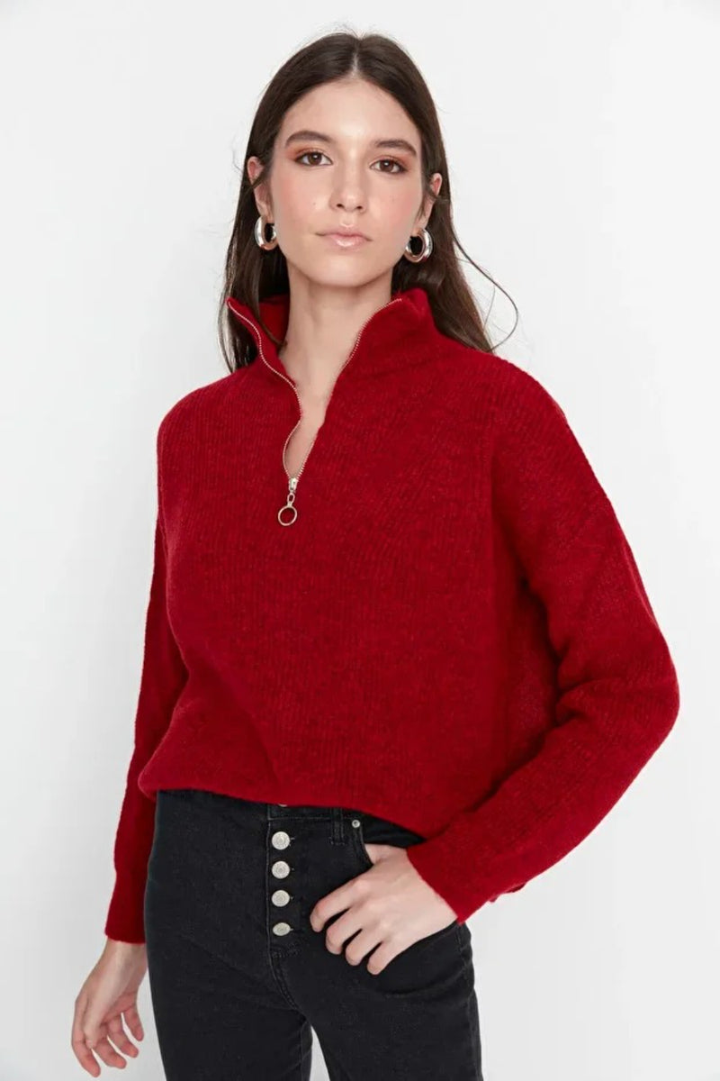 Soft-Textured Zip-Up Knit Sweater