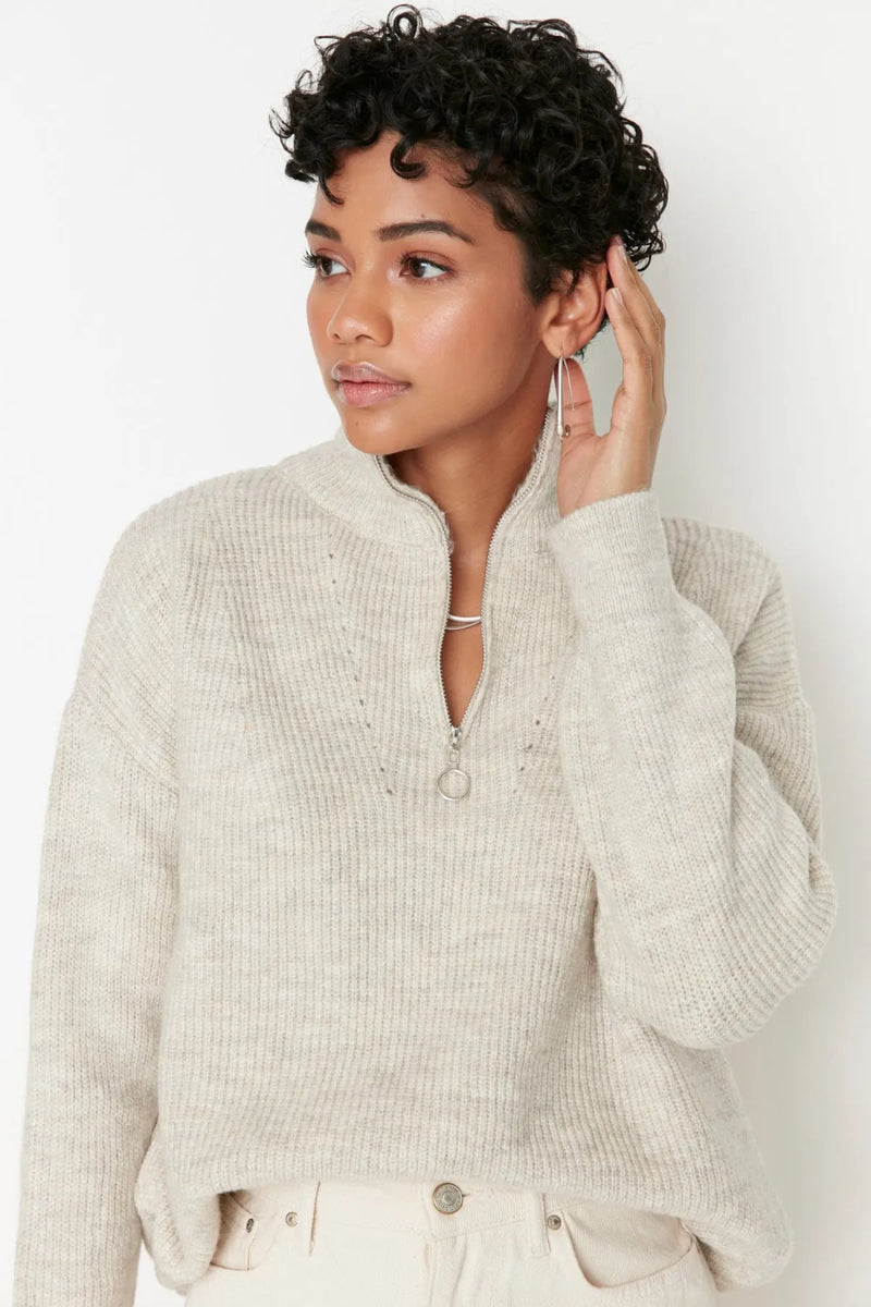 Soft-Textured Zip-Up Knit Sweater