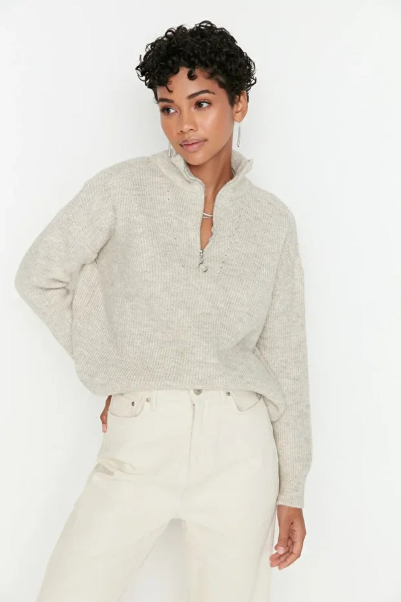Soft-Textured Zip-Up Knit Sweater