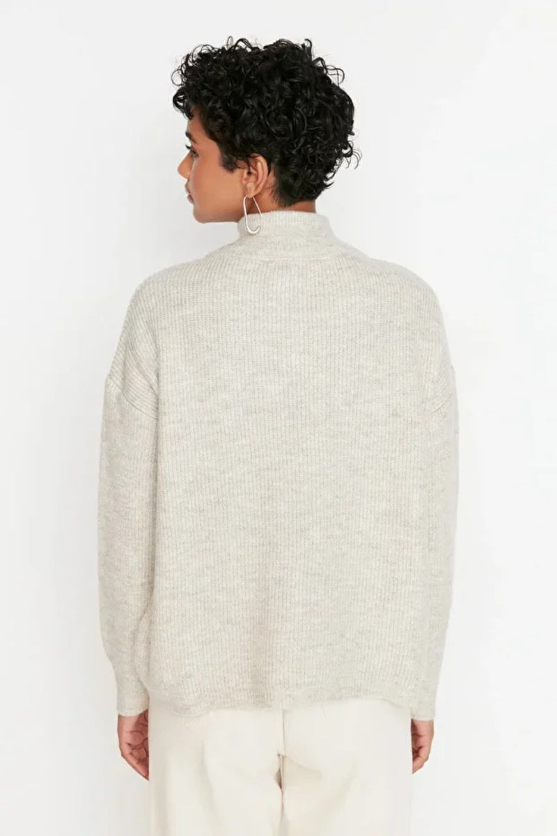 Soft-Textured Zip-Up Knit Sweater