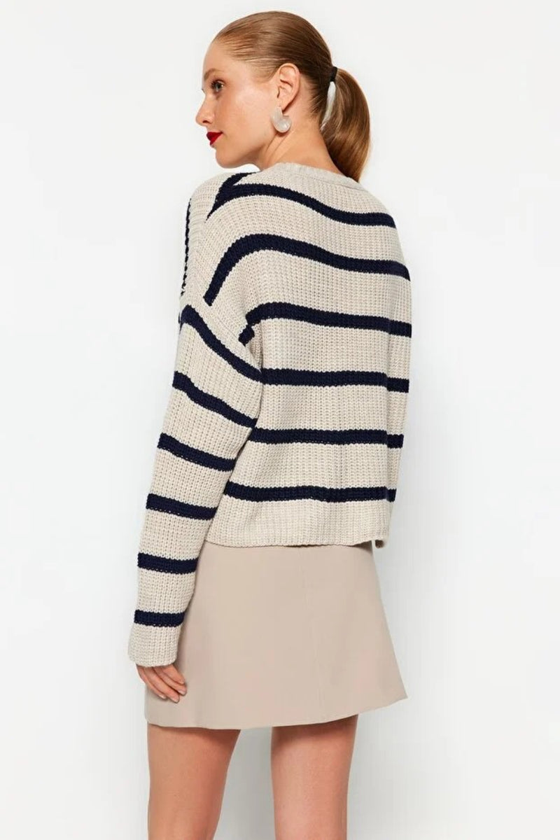 Cropped Basic Striped Oversized Knit Sweater