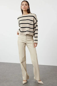 Cropped Basic Striped Oversized Knit Sweater