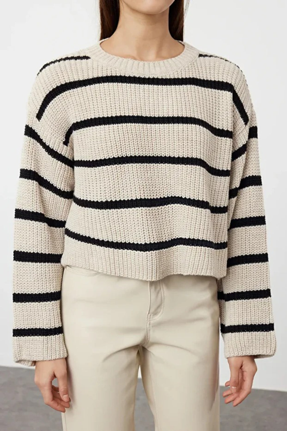 Cropped Basic Striped Oversized Knit Sweater