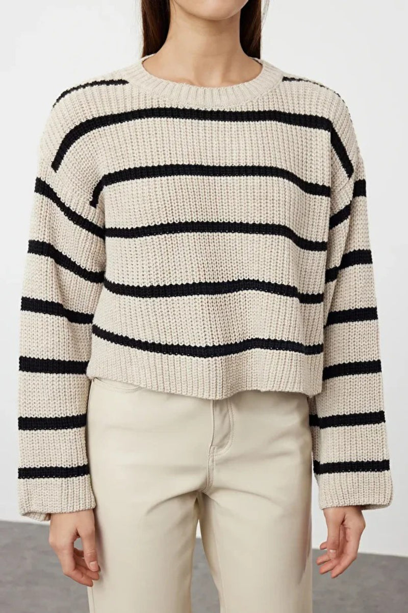 Cropped Basic Striped Oversized Knit Sweater