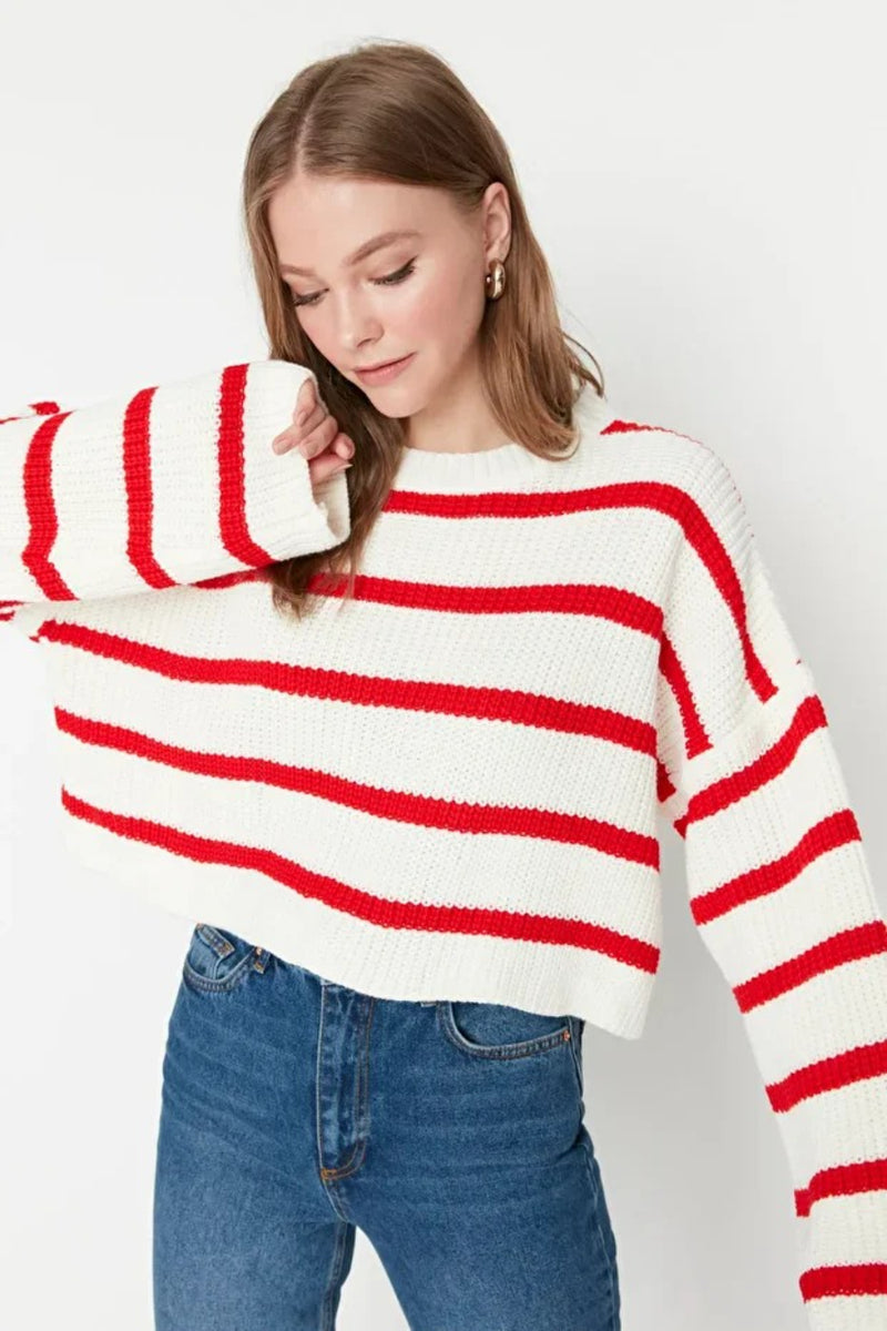 Cropped Basic Striped Oversized Knit Sweater