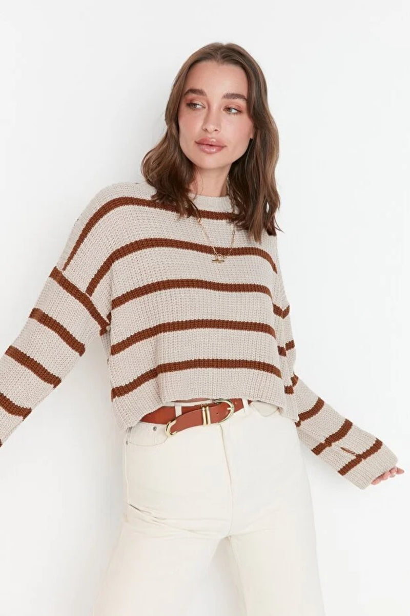 Cropped Basic Striped Oversized Knit Sweater