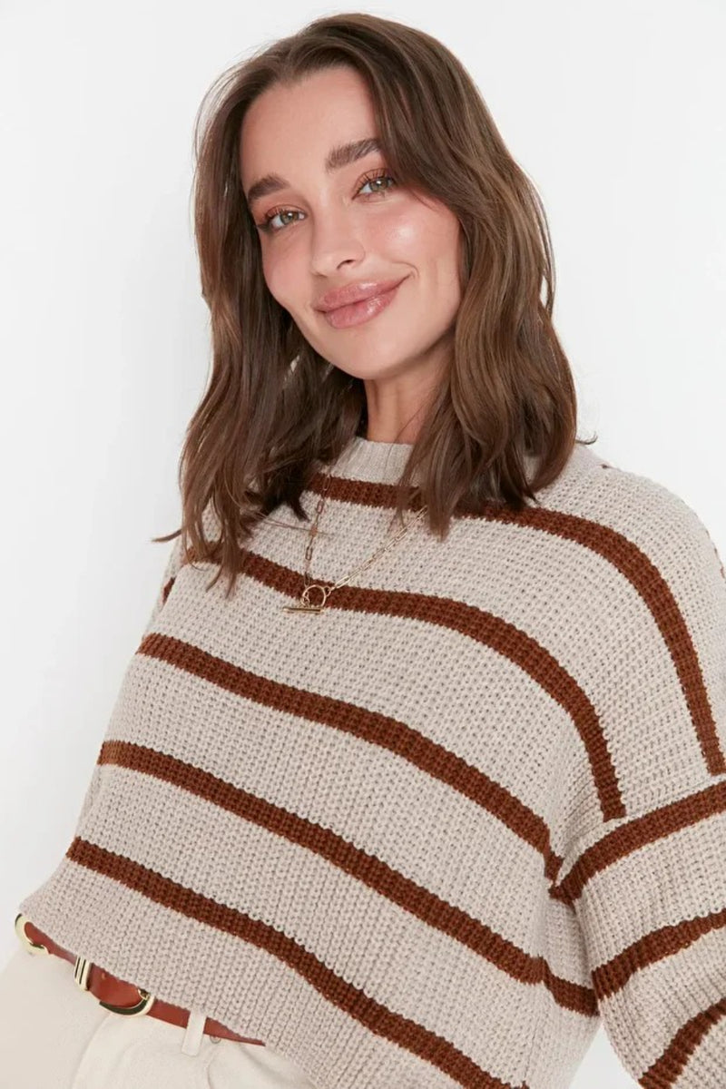Cropped Basic Striped Oversized Knit Sweater