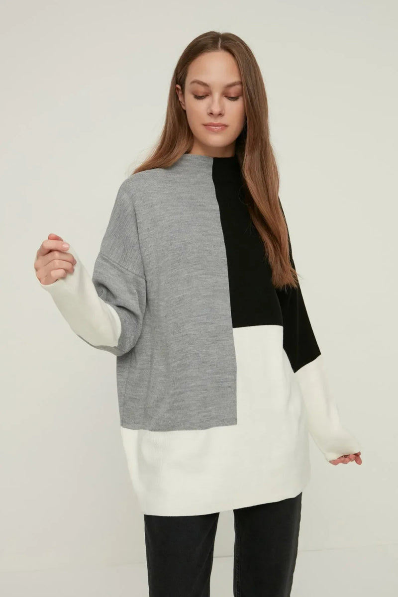 Blocked High Neck Knit Sweater