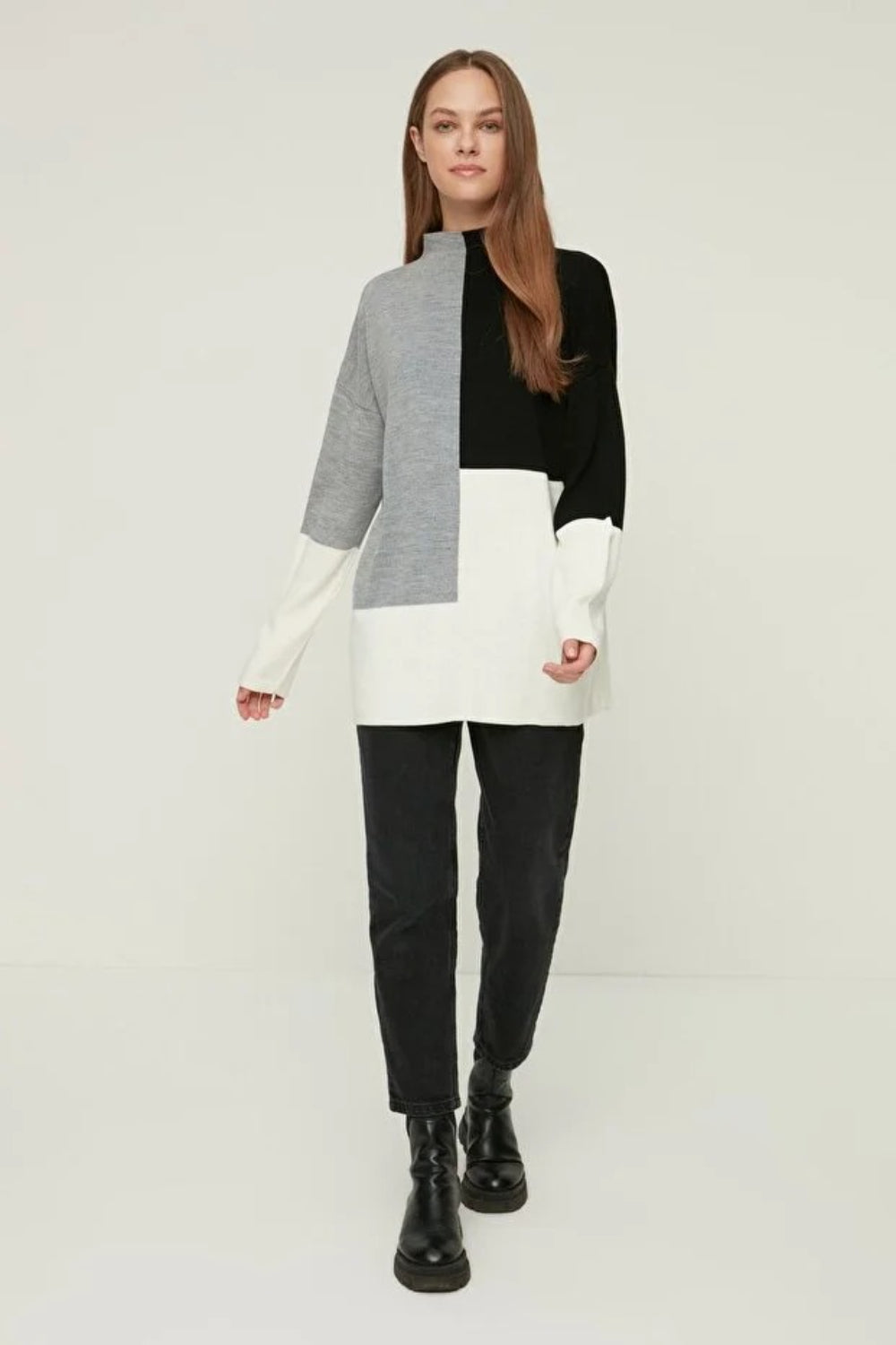 Blocked High Neck Knit Sweater