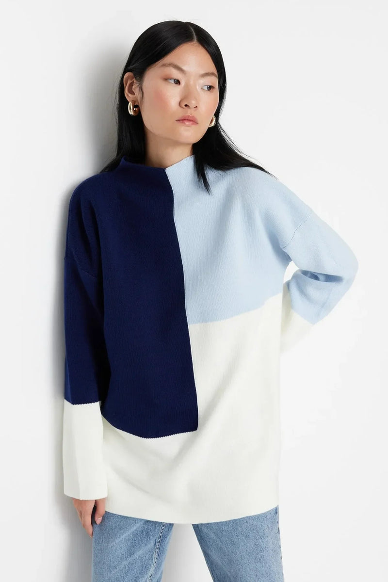 Blocked High Neck Knit Sweater