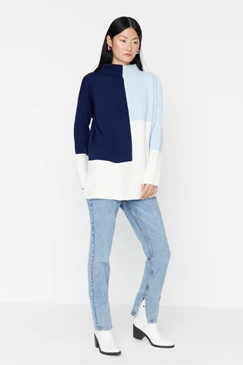 Blocked High Neck Knit Sweater