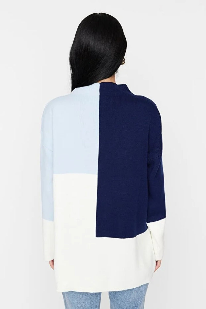 Blocked High Neck Knit Sweater