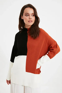 Blocked High Neck Knit Sweater