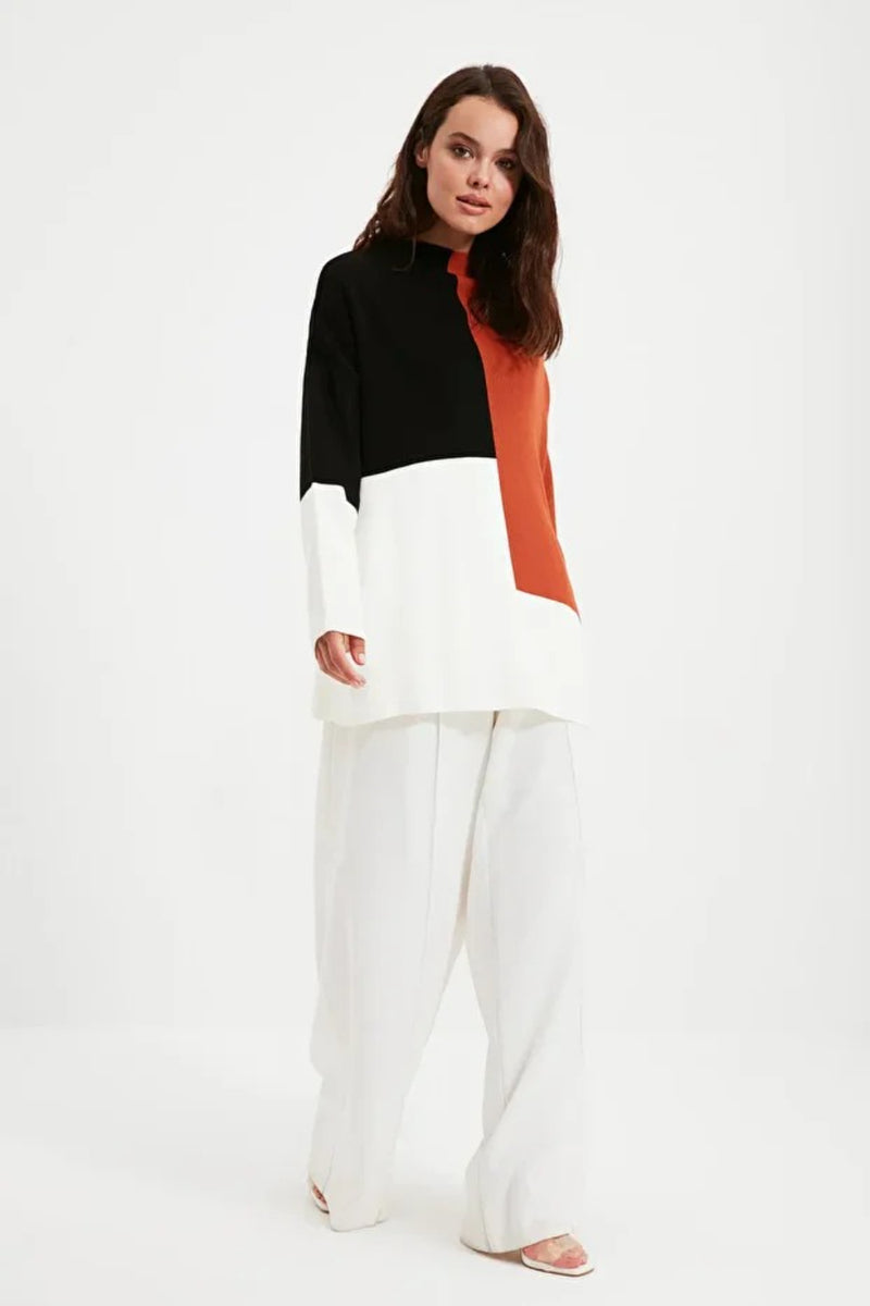 Blocked High Neck Knit Sweater