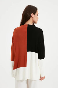 Blocked High Neck Knit Sweater