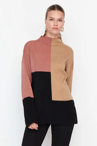 Blocked High Neck Knit Sweater