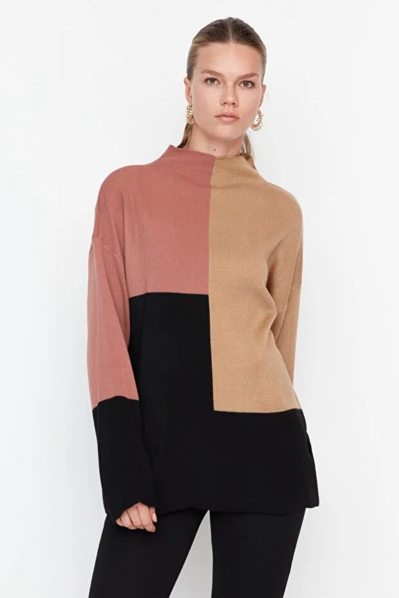 Blocked High Neck Knit Sweater