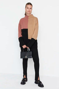 Blocked High Neck Knit Sweater