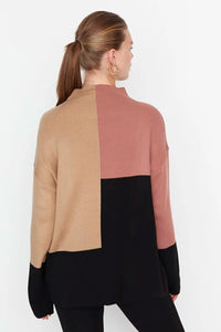 Blocked High Neck Knit Sweater