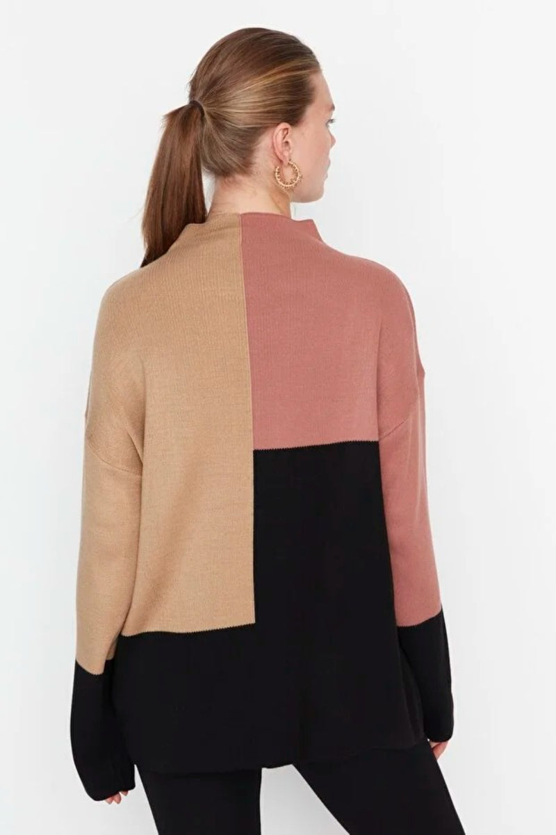 Blocked High Neck Knit Sweater