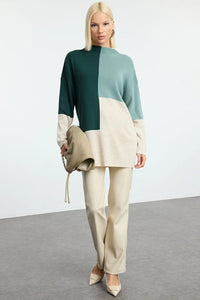Blocked High Neck Knit Sweater