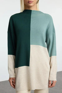 Blocked High Neck Knit Sweater