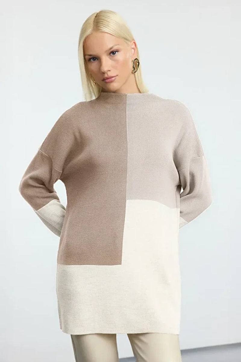 Blocked High Neck Knit Sweater