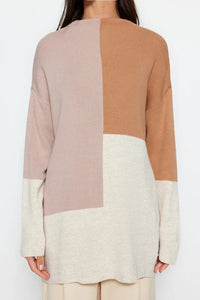 Blocked High Neck Knit Sweater